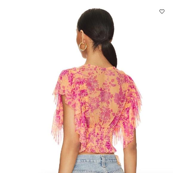 Free People Sugar Top in Hot Tropics Floral Pink Orange Top Fairycore Button NWT - Picture 2 of 12